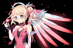 1girl absurdres alternate_hairstyle arm_at_side artist_name awareness_ribbon black_background black_gloves blonde_hair blue_eyes blush breasts collarbone confetti criss-cross_halter crystal dress earrings elbow_sleeve energy_ball female_focus fingerless_gloves fingernails gloves glowing glowing_wings halo halterneck highres jewelry mechanical_halo mechanical_wings medium_breasts medium_hair mercy_(overwatch) nail_polish official_alternate_costume overwatch overwatch_1 parted_lips pink_dress pink_gloves pink_lips pink_mercy pink_nails pink_ribbon pink_wings ribbon signature smile solo spread_wings stud_earrings twintails upper_body wings yizhi_jiandan