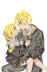 1boy 1girl ahoge black_pants blonde_hair blue_eyes bulletproof_vest drawfag fingerless_gloves french_kiss gloves gradient_hair grey_shirt gripping_clothes hand_on_another&#039;s_leg harness height_difference jacket kiss mole mole_on_neck multicolored_hair nijisanji nijisanji_en pants petite pleated_skirt saliva saliva_trail shirt short_hair short_twintails simple_background single_fingerless_glove skirt sonny_brisko sonny_brisko_(1st_costume) tears twintails virtual_youtuber vsf_logo white_background yellow_gloves