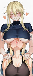 2girls absurdres artoria_pendragon_(fate) artoria_pendragon_(lancer)_(fate) artoria_pendragon_(lancer_alter)_(fate) black_tank_top blonde_hair blood blush breast_rest breasts breasts_on_head cleavage closed_eyes collarbone commentary crop_top drooling fate/grand_order fate_(series) hand_on_another&#039;s_shoulder heart highres kamisato_sora large_breasts medium_hair multiple_girls nosebleed selfcest smile sweat tank_top trembling underboob yellow_eyes yuri