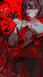 1girl absurdres alternate_costume black_gloves black_hair black_kimono blood blood_on_face bngb_love bob_cut breasts bug butterfly cleavage gloves highres holding holding_smoking_pipe insect japanese_clothes kimono limbus_company long_sleeves looking_at_viewer project_moon red_background red_butterfly red_eyes ryoshu_(project_moon) short_hair simple_background smile smoking_pipe solo upper_body