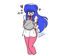 1girl apron bell blush bow breasts china_dress chinese_clothes double_bun dress hair_bell hair_bow hair_bun hair_ornament heart holding holding_plate long_hair looking_at_viewer meandros microdress open_mouth plate purple_hair ranma_1/2 red_eyes shampoo_(ranma_1/2) simple_background smile solo tangzhuang twitter_username wanta_(futoshi) white_background