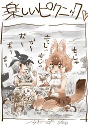 2girls animal_ears bare_shoulders black_hair blue_dress blue_eyes blush boots bowl brown_eyes brown_hair brown_shirt brown_skirt brown_thighhighs cetacean_tail common_dolphin_(kemono_friends) dhole_(kemono_friends) dog_ears dog_girl dog_tail dolphin_girl dorsal_fin dress eating fins fish_tail frilled_dress frills fur_collar gloves head_fins highres kemono_friends light_brown_hair milk_carton multicolored_hair multiple_girls nyororiso_(muyaa) pet_food pleated_skirt sailor_collar sailor_dress shirt sidelocks sitting skirt sleeveless tail thighhighs translation_request two-tone_shirt wariza white_footwear white_fur white_gloves white_hair white_shirt zettai_ryouiki