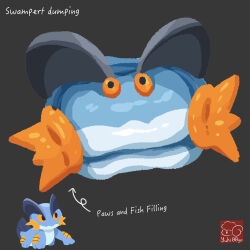 arrow_(symbol) artist_logo artist_name character-themed_food character_name dumpling food food_focus food_name gen_3_pokemon grey_background highres logo nintendo no_humans pokemon pokemon_(creature) simple_background swampert yuki00yo