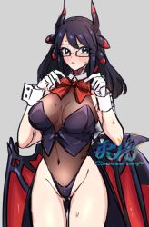 Rule 34 | 1girl, bare shoulders, black leotard, black vest, blush, breasts, cowboy shot, dragon girl, dragon horns, dragon tail, dragon wings, duel monster, glasses, gloves, green eyes, grey background, highres, horns, house dragonmaid, large breasts, leotard, playboy bunny, see-through clothes, see-through leotard, semi-rimless eyewear, simple background, solo, tail, tokiwajing, under-rim eyewear, vest, white gloves, wings, yu-gi-oh!