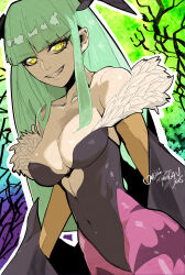 1girl artist_name bat_wings breasts capcom cleavage covered_navel darkstalkers demon_girl green_hair grin highres jinbei large_breasts legs leotard long_hair looking_at_viewer morrigan_aensland smile solo teeth thighs wings yellow_eyes