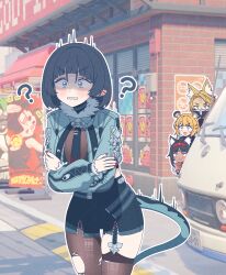 +_+ 4girls :3 ? absurdres animal_ear_fluff animal_ears asymmetrical_legwear black_hair black_pantyhose black_shorts black_thighhighs blue_eyes blush cat_ears cat_girl cowboy_shot crossed_arms dark-skinned_female dark_skin day furry furry_female game_screenshot_background grey_jacket highres jacket jane_doe_(zenless_zone_zero) ju_fufu long_hair long_sleeves mask mouse_ears mouse_girl mouse_tail multiple_girls nekomiya_mana outdoors outline pantyhose parangmuru peeking peeking_out pulchra_fellini red_nails screenshot_background shaded_face shorts single_leg_pantyhose single_thighhigh standing tail thighhighs torn_clothes torn_pantyhose uneven_legwear white_outline worried zenless_zone_zero