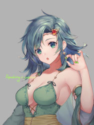 1girl arm_up asymmetrical_bangs bare_shoulders breasts cape cleavage detached_sleeves dress earrings final_fantasy final_fantasy_iv green_cape green_dress green_eyes green_hair green_nails grey_background hair_over_one_eye head_chain jewelry lace-up_sleeves lace-up_top long_hair medium_breasts nail_polish parted_bangs parted_lips rydia_(ff4) sasanomesi solo upper_body wide_sleeves