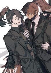 2boys absurdres black_coat black_gloves black_hair black_jacket black_necktie black_pants brown_hair chest_belt chinese_commentary clenched_teeth closed_eyes clothes_grab coat cowboy_shot fingerless_gloves full-stop_office_(identity)_(project_moon) gloves grey_shirt headset heathcliff_(project_moon) high_ponytail highres holding holding_knife hong_lu_(project_moon) itokenaikei jacket knife limbus_company long_hair long_sleeves looking_at_viewer male_focus multiple_boys necktie necktie_grab neckwear_grab open_hand open_mouth pants ponytail pouch project_moon purple_eyes scar scar_on_face scar_on_neck shirt simple_background smile teeth white_background white_gloves white_shirt