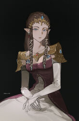 1girl akihare armor black_background blue_eyes brown_hair dress earrings elbow_gloves gloves highres jewelry long_hair looking_at_viewer nintendo parted_lips pointy_ears princess_zelda shoulder_armor solo the_legend_of_zelda the_legend_of_zelda:_twilight_princess tiara twitter_username white_gloves