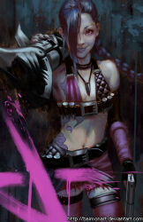 1girl arm_tattoo baimon black_nails braid bullet_necklace cloud_tattoo commentary english_commentary fingerless_gloves gloves gun hair_over_one_eye holding holding_gun holding_weapon jinx_(league_of_legends) league_of_legends rocket_launcher shoulder_tattoo solo stomach_tattoo tattoo twin_braids weapon