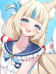 1girl absurdres ahoge animal_ear_fluff animal_ears beach blonde_hair blue_eyes blue_hair blue_sky blush cat_ears cloud dress highres hoonyusi indie_virtual_youtuber lighthouse long_hair looking_at_viewer low_twintails multicolored_hair one_side_up open_mouth sameko_saba sand silo sky sleeveless sleeveless_dress smile streaked_hair twintails very_long_hair virtual_youtuber water white_dress