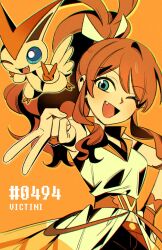1brad 1girl ;d blue_eyes brown_hair brown_shorts character_name commentary eyelashes fang gen_5_pokemon happy highres hilda_(pokemon) hilda_(sygna_suit)_(pokemon) inward_v legendary_pokemon long_hair mythical_pokemon navel nintendo official_alternate_costume one_eye_closed open_mouth orange_background pokedex_number pokemon pokemon_(creature) pokemon_masters_ex ponytail shorts sidelocks sleeveless smile symbol-only_commentary tongue v victini