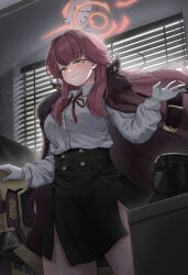1girl adult_aongly antique_phone aru_(blue_archive) black_skirt blue_archive breasts brown_coat brown_horns buttons clock coat coat_on_shoulders collared_shirt corded_phone demon_horns desk double-breasted dress_shirt front_slit fur-trimmed_coat fur_trim gloves gun h&amp;k_psg1 halo hand_on_weapon high-waist_skirt highres horns indoors long_hair long_sleeves looking_at_viewer neck_ribbon parted_lips pencil_skirt phone pink_hair pink_halo red_coat red_ribbon ribbon rifle rotary_phone shirt skirt sniper_rifle solo standing sunlight wall_clock weapon white_gloves white_shirt window window_blinds yellow_eyes