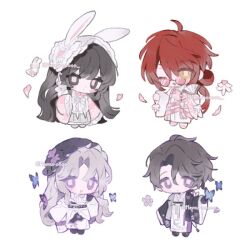 2boys 2girls animal_ears black_eyes black_hair bug butterfly chibi chibi_only chinese_clothes dress flower grey_hair hair_between_eyes hair_flower hair_ornament hanfu hat heterochromia insect japanese_clothes long_hair long_sleeves looking_at_viewer memuro multiple_boys multiple_girls original purple_eyes red_hair short_hair twitter_username watermark white_background