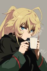 ahoge black_cloak blonde_hair blue_eyes cloak closed_mouth coffee coffee_mug commentary cup english_commentary expressionless green_jacket grey_background hair_between_eyes highres holding holding_cup jacket long_sleeves looking_at_viewer looking_to_the_side military_uniform mug ponytail sergalaad signature steam tanya_degurechaff youjo_senki