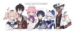 3boys 4girls ahoge animal_ears aqua_belt aqua_eyes aqua_gemstone arm_at_side arm_behind_back armor ascot asymmetrical_sleeves bags_under_eyes barbara_(genshin_impact) belt black_bodysuit black_bridal_gauntlets black_eyes black_gloves black_hair black_undershirt blonde_hair blue_brooch blue_cape blue_eyes blue_hair blue_hat blue_kimono blunt_ends blush bodysuit bow bridal_gauntlets bright_pupils brown_sleeves brown_suit brown_vest cape clenched_hands closed_eyes closed_mouth coat collar cowboy_hat cropped_torso cross cross_print dark-skinned_male dark_skin detached_collar detached_sleeves dress earrings english_text eyelash_ornament facing_viewer feathers flower formal_clothes fox_ears fox_girl fringe_trim furina_(genshin_impact) gem genshin_impact gloves gold gold_ring grey_collar hair_between_eyes hair_flower hair_ornament hand_on_own_chest hand_on_own_hip hand_on_own_neck hand_up hands_up hat hat_bow heterochromia highres holding holding_mini_person ifa_(genshin_impact) jacket japanese_armor japanese_clothes jewelry juban kimono kote kurokote lab_coat lapels layered_sleeves long_hair long_sleeves looking_at_another looking_at_viewer low-braided_long_hair low-tied_long_hair mandarin_collar middle_ring mini_hat mini_person mini_top_hat minigirl mismatched_pupils mole mole_under_eye multicolored_hair multiple_boys multiple_girls nonons nontraditional_miko o-ring open_clothes open_coat open_kimono open_mouth pink_hair purple_ascot purple_bow purple_eyes purple_flower purple_hair purple_jacket purple_pupils purple_sash purple_sleeves purple_suit raiden_shogun red_sleeves ringlets sash scar scar_across_eye scar_on_arm scar_on_face scaramouche_(genshin_impact) short_hair shoulder_peek sidelocks smile streaked_hair suit suit_jacket sweatdrop tassel tassel_earrings top_hat twintails vest vision_(genshin_impact) wanderer_(genshin_impact) white_background white_coat white_collar white_dress white_hair white_hat white_kimono white_pupils white_sleeves white_trim white_vest wispy_bangs yae_miko zhongli_(genshin_impact)