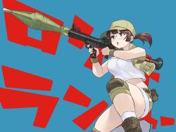 1girl :o baseball_cap black_panties blue_background boots breasts brown_eyes brown_hair crop_top cropped_vest female_focus fio_germi glasses hat highres hip_vent holding holding_rocket_launcher holding_weapon japanese_text knee_pads kneeling matching_hair/eyes metal_slug midriff panties panty_peek ponytail revealing_clothes rocket_launcher round_eyewear rpg rpg-7 rpg_(weapon) shirt short_shorts shorts sidelocks simple_background snk solo tank_top text_background themanyoukilled underwear vest weapon white_shirt wristband