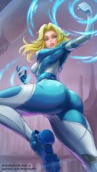 1girl absurdres anarchyart ass blonde_hair blue_eyes bodysuit breasts covered_erect_nipples energy fanbox_username fantastic_four from_below highres long_hair looking_down marvel marvel_rivals paid_reward_available patreon_username skin_tight smile solo sue_storm superhero_costume teeth twisted_torso
