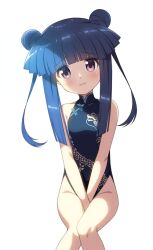 1girl between_legs black_dress blue_archive blue_hair breasts china_dress chinese_clothes collarbone commentary_request cosplay covered_collarbone double_bun dress feet_out_of_frame furude_rika gaou_(babel) groin hair_bun hand_between_legs head_tilt higurashi_no_naku_koro_ni kisaki_(blue_archive) kisaki_(blue_archive)_(cosplay) long_hair pelvic_curtain purple_eyes sidelocks simple_background sitting sleeveless sleeveless_dress small_breasts solo twintails white_background
