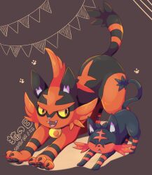 brown_background closed_eyes colored_sclera creatures_(company) dated full_body game_freak gen_7_pokemon highres kechon-san litten nintendo no_humans open_mouth pokemon pokemon_(creature) stretching torracat yellow_sclera