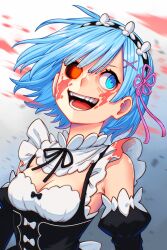 1girl armpit_crease arms_at_sides black_bow black_dress black_hairband black_ribbon blood blood_on_clothes blood_on_face blood_splatter blue_eyes blue_hair bow breasts cleavage cleavage_cutout clothing_cutout collar commentary crazy_smile detached_sleeves dress dress_bow eyelashes facing_viewer floating_hair frilled_collar frilled_sleeves frills glowing glowing_eyes gradient_background grey_background hair_ornament hair_ribbon hairband heterochromia highres juliet_sleeves long_sleeves looking_to_the_side maid medium_breasts neck_ribbon open_mouth parted_bangs pink_ribbon puffy_sleeves re:zero_kara_hajimeru_isekai_seikatsu red_eyes rem_(re:zero) ribbon short_hair sideways_glance skaggshood sleeveless sleeveless_dress smile solo standing teeth tongue upper_body white_bow x_hair_ornament