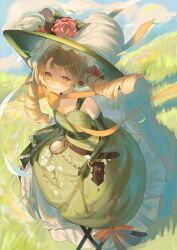 1girl absurdres bare_shoulders belt belt_pouch blonde_hair blue_sky bow brown_belt chin_strap clock day dress drill_hair elbow_gloves floating_hair flower from_above full_body gloves grass green_dress green_eyes green_gloves green_hat grin hat hat_feather hat_flower highres hill ir0_0616 long_dress long_hair looking_at_viewer low_twintails orange_bow outdoors picture_hat pouch red_flower red_rose reverse:1999 rose skirt_hold sky sleeveless sleeveless_dress smile solo sotheby standing twin_drills twintails wind
