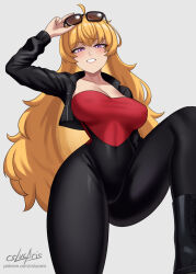 1girl adjusting_eyewear ahoge alternate_costume arm_up artist_name black_boots black_jacket black_leggings blonde_hair boots breasts cleavage collarbone commentary cropped_jacket cslucaris english_commentary eyewear_on_head foot_out_of_frame from_below grey_background grin hand_on_eyewear highres jacket leg_up leggings light_blush long_hair long_sleeves looking_at_viewer looking_down medium_breasts off-shoulder_shirt off_shoulder open_clothes open_jacket parted_lips patreon_username purple_eyes red_shirt rwby shirt simple_background skin_tight smile solo standing sunglasses teeth thighs very_long_hair wavy_hair yang_xiao_long