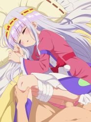 1boy 1girl absurdres aurora_sya_lis_kaymin bed blunt_bangs blush bow censored closed_eyes clothed_female_nude_male clothes_pull commentary_request eufoniuz headband highres long_hair lying maou-jou_de_oyasumi mosaic_censoring navel nude on_bed on_side pajamas parted_lips penis pillow pov pov_crotch purple_hair red_bow sex shorts shorts_pull sleep_molestation sleeping thighs vaginal very_long_hair watermark web_address yellow_headband