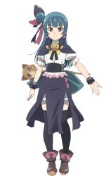 1girl black_capelet black_skirt black_thighhighs blue_hair blunt_bangs boots brooch brown_boots capelet collared_capelet earrings feather_hair_ornament feathers full_body genjitsu_no_yohane hair_bun hair_ornament heart heart_earrings highres jewelry love_live! love_live!_sunshine!! official_art pink_eyes puffy_short_sleeves puffy_sleeves shirt short_sleeves simple_background single_side_bun skirt solo standing tachi-e thighhighs transparent_background tsushima_yoshiko white_shirt yohane_(genjitsu_no_yohane)