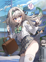 ! !! 2girls absurdres ahoge bag blue_pupils blue_sky bow bowtie brown_bag buttons cellphone cloud dasoin dated day double-breasted firefly_(honkai:_star_rail) firefly_(spring_missive)_(honkai:_star_rail) gradient_hair green_hair grey_hair grey_sailor_collar grey_skirt hairband highres holding holding_phone honkai:_star_rail honkai_(series) in_container in_trash_can lamppost long_hair long_sleeves multicolored_hair multiple_girls official_alternate_costume open_clothes outdoors phone plaid_bow plaid_bowtie plaid_clothes plaid_skirt pleated_skirt power_lines purple_hair sailor_collar saliva school_bag school_uniform shirt signature skindentation skirt sky smartphone spoken_exclamation_mark stelle_(honkai:_star_rail) surprised thighhighs trailblazer_(honkai:_star_rail) trailblazer_(trailbirder)_(honkai:_star_rail) trash_can two-tone_hair utility_pole white_shirt white_thighhighs