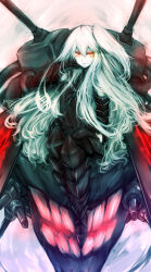 1girl abyssal_ship acryl aircraft_carrier_oni armored_boots boots colored_skin gauntlets highres kantai_collection long_hair looking_at_viewer machinery one_side_up pale_skin red_eyes ship_turret sitting solo white_hair white_skin