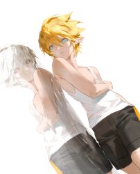 2boys absurdres ahoge aotu_world bare_arms bare_shoulders black_sclera black_shorts blonde_hair blue_eyes closed_mouth colored_sclera cowboy_shot different_reflection dual_persona dutch_angle hair_between_eyes hand_on_own_arm highres king_(aotu_world) king_(dark)_(aotu_world) looking_at_viewer male_focus multiple_boys official_alternate_eye_color official_alternate_hair_color parted_lips pointy_ears red_eyes reflection shirt short_hair shorts simple_background smile spiked_hair tank_top waterrice11 white_background white_hair white_tank_top
