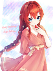 1girl alternate_costume alternate_hairstyle ange_katrina ayuko_ammobium belt blue_background blue_eyes braid character_name closed_mouth commentary_request cowboy_shot diagonal-striped_background dress flat_chest flower food frilled_hair_tie fruit gradient_eyes hair_flower hair_intakes hair_ornament hair_tie hand_up happy_birthday highres holding holding_food holding_fruit long_hair long_sidelocks looking_at_viewer multicolored_eyes nijisanji pink_dress pink_eyes purple_background red_hair short_sleeves sidelocks single_braid smile solo split_mouth strawberry striped_background very_long_hair virtual_youtuber white_flower yellow_belt