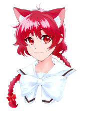 1girl :3 absurdres animal_ear_fluff animal_ears braid cat_ears cat_girl closed_mouth fumiko-teraoka highres lips magic_knight_rayearth pale_skin portrait red_hair sailor_collar shidou_hikaru simple_background single_braid smile thick_eyelashes white_background white_sailor_collar