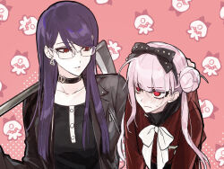 1girl absurdres black_bow black_hairband black_jacket black_sailor_collar black_shirt blush bow bow_hairband bowtie chinese_commentary choker clothes_grab collarbone earrings frown glasses hair_bun hair_ornament hairband hairpin highres jacket jewelry lifting_person long_hair multiple_girls pink_hair possessed purple_hair red_background red_eyes sailor_collar school_uniform scythe serafuku shirt shizuhara_hiruko spoilers sweatdrop the_hundred_line_-last_defense_academy- tsukumo_kako twintails white_bow white_bowtie yough42