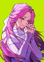 1girl alien_stage closed_mouth commentary dress english_commentary forehead_jewel hair_ribbon half_updo hand_up highres interlocked_fingers jiaoshui98161 long_hair looking_down mizi_(alien_stage) own_hands_together pink_hair ribbon sleeves_past_wrists solo sweat turtleneck turtleneck_dress white_ribbon yellow_background yellow_eyes
