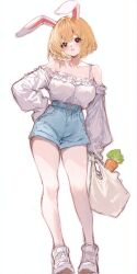 1girl absurdres animal_ears animal_nose bag blonde_hair blue_shorts breasts carrot_(one_piece) collarbone colored_skin commentary english_commentary full_body furry furry_female highres holding holding_bag klopsiak large_breasts long_sleeves one_piece rabbit_ears rabbit_girl red_eyes shirt shoes short_hair shorts simple_background snout solo standing white_background white_shirt white_shoes white_skin