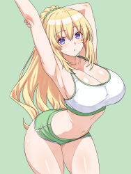Rule 34 | 1girl, armpits, arms up, blonde hair, blush, breasts, choujigen game neptune, cleavage, commentary, english commentary, green background, green shorts, hair ornament, hair scrunchie, highres, large breasts, looking at viewer, navel, neptune (series), paid reward available, ponytail, purple eyes, scrunchie, short shorts, shorts, simple background, solo, sports bra, vert (neptunia), zatsu