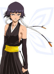 00s 1girl absurdres angry black_hair bleach blue_hair blunt_bangs breasts collarbone derivative_work detached_sleeves female_focus gloves grey_eyes hakama hakama_skirt highres japanese_clothes looking_at_viewer short_hair short_hair_with_long_locks sideboob simple_background skirt small_breasts solo standing sui-feng teeth tsurime twintails vector_trace white_background wings