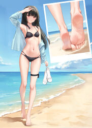 1girl absurdres arm_up bare_shoulders barefoot beach bikini black_bikini black_hair blue_jacket blue_sky blush breasts cloud commentary_request commission dated day feet foot_focus full_body gluteal_fold highres holding holding_sandals jacket long_hair looking_at_viewer multi-strapped_bikini_bottom o-ring o-ring_bikini o-ring_top ocean off_shoulder open_clothes open_jacket original outdoors parted_lips pixiv_commission red_eyes sandals shore sky small_breasts soles standing string_bikini swimsuit thigh_strap toes unworn_sandals very_long_hair water zopoi