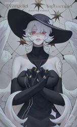 1girl absurdres angel angel_wings arm_tattoo artist_name bare_arms bare_shoulders bird_wings black_collar black_dress black_gloves black_hat breasts buttons character_name cleavage coat collar collarbone colored_eyelashes colored_skin detached_collar diamond_(shape) dress elbow_gloves english_text evangeliel_yaphaenkiel_(crrn) feathered_wings feathers fingernails fur_coat glint gloves gold_ring grey_lips hair_between_eyes halo halo_behind_head hat highres index_fingers_together jewelry large_breasts long_dress long_fingernails looking_at_viewer mature_female medium_hair multiple_halos multiple_rings multiple_wings nose original own_hands_together parted_lips pink_eyes plunging_neckline ring shaded_face sharp_fingernails sideboob sidelocks solo sparkle sparkle_background star_(symbol) striped_clothes striped_dress sun_hat swept_bangs tattoo twitter_username upper_body vertical-striped_clothes vertical-striped_dress white_background white_coat white_eyelashes white_feathers white_fur white_hair white_skin white_wings wings wolf_cut yuki_lu