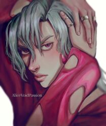 1boy albino blush clothing_cutout fingernails highres jewelry jojo_no_kimyou_na_bouken lips looking_at_viewer male_focus nose nostrils painterly pale_skin pannacotta_fugo pink_eyes pink_lips realistic ring solo user_ncwv7857 vento_aureo white_hair