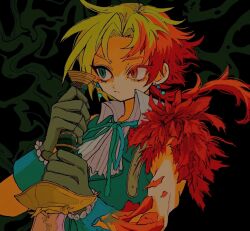Rule 34 | 1boy, aqua ribbon, aqua vest, aqua wrist cuffs, ascot, blonde hair, collared shirt, colored eyelashes, earrings, final fantasy, final fantasy ix, gloves, green eyes, grey gloves, highres, holding, holding sword, holding weapon, jewelry, long hair, looking to the side, male focus, nayo (kr 000515), neck ribbon, red eyes, red hair, ribbon, shirt, slit pupils, solo, sword, transformation, weapon, white ascot, white shirt, wrist cuffs, zidane tribal
