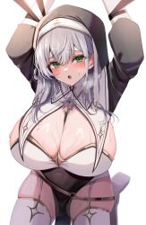 1girl absurdres arms_up black_hat blush breast_curtains breasts cleavage covered_navel garter_straps green_eyes grey_hair hat highres hinoki_kahun0 hololive huge_breasts jewelry kneeling long_hair looking_at_viewer looking_up necklace nun official_alternate_costume official_alternate_hairstyle open_mouth pelvic_curtain restrained shiny_skin shirogane_noel shirogane_noel_(battle_nun) skindentation solo sweat thighhighs virtual_youtuber white_background white_garter_straps white_thighhighs