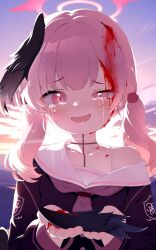 1girl blood blood_on_face blue_archive crying crying_with_eyes_open didac_fantasy furrowed_brow guro halo head_wings highres koharu_(blue_archive) looking_at_viewer mountainous_horizon outdoors pink_eyes pink_hair pink_halo sailor_collar severed_wings solo sunset tears twintails upper_body white_sailor_collar wings