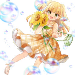 Rule 34 | 1girl, :d, bag, bare arms, bare shoulders, belt, belt buckle, blonde hair, blush, brown dress, bubble, buckle, commentary request, dress, dutch angle, fangs, feet out of frame, flower, green eyes, grey belt, highres, hugging object, idolmaster, idolmaster cinderella girls, idolmaster cinderella girls starlight stage, jougasaki rika, long hair, looking at viewer, open mouth, outstretched arm, plaid clothes, plaid dress, rino cnc, sandals, shoulder bag, simple background, sleeveless, sleeveless dress, smile, solo, summer grace one piece (idolmaster), sunflower, two side up, v, very long hair, white background, white sandals, yellow flower