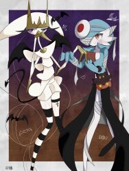 Rule 34 | bandaged arm, bandaged head, bandages, black dress, blue hair, blue skin, bob cut, colored skin, demon tail, dress, gardevoir, gen 3 pokemon, gen 6 pokemon, gen 7 pokemon, halloween, halloween costume, highres, inb795, multicolored skin, nintendo, orange eyes, pheromosa, pokemon, pokemon (creature), pumpkaboo, purple eyes, stuffed toy, tail, two-tone skin, ultra beast, white skin