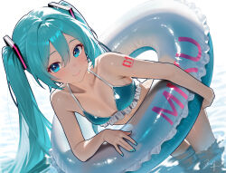 Rule 34 | 1girl, absurdres, aqua eyes, aqua hair, bent over, bikini, blue bikini, blush, collarbone, frilled bikini, frills, hatsune miku, highres, inflatable toy, long hair, looking at viewer, ocean, solo, standing, swimsuit, twintails, very long hair, vocaloid, wuhe2233pz