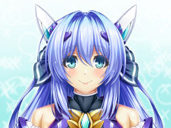 1girl bare_shoulders blue_background blue_eyes blue_hair blush closed_mouth covered_collarbone exs-tia exs-tia_(kouyoku_senki_exs-tia_3) gradient_background hair_between_eyes hair_intakes hair_ornament headgear katsuragi_marina kouyoku_senki_exs-tia kozu_rokuta long_hair looking_at_viewer portrait smile solo sparkle sparkle_background turtleneck upper_body