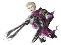 1boy armor black_armor blonde_hair fire_emblem fire_emblem_fates highres kataagetokage male_focus mullet nintendo open_mouth red_eyes siegbert_(fire_emblem) siegfried_(sword) solo